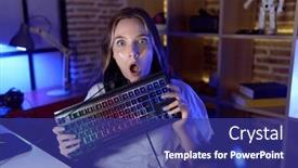  Presentation with fear - Presentation theme with young-caucasian-woman-holding-gamer background and a  colored foreground