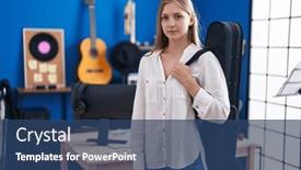  Presentation with attitude - PPT theme with young-caucasian-woman-holding-guitar background and a ocean colored foreground