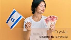  Presentation with israel flag - Cool new presentation theme with young-caucasian-woman-holding-israel backdrop and a coral colored foreground