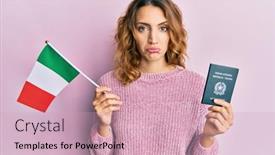  Presentation with woman crying - PPT theme featuring young-caucasian-woman-holding-italy background and a soft green colored foreground