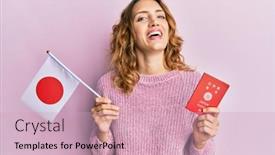  Presentation with japan flag - Slide set with young-caucasian-woman-holding-japan background and a soft green colored foreground