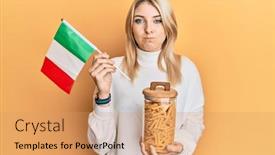  Presentation with macaroni - Presentation design featuring young-caucasian-woman-holding-jar background and a coral colored foreground