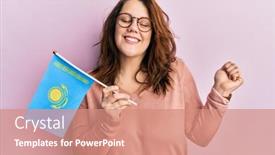  Presentation with kazakhstan - Presentation design featuring young-caucasian-woman-holding-kazakhstan background and a coral colored foreground