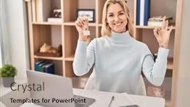  Presentation with new home - PPT theme consisting of young-caucasian-woman-holding-keys background and a mint green colored foreground