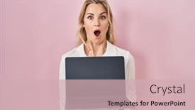  Presentation with fear - Presentation design enhanced with young-caucasian-woman-holding-laptop background and a soft green colored foreground