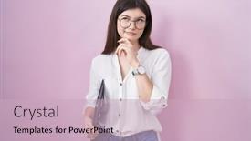  Presentation with laptop - PPT theme with young-caucasian-woman-holding-laptop background and a  colored foreground