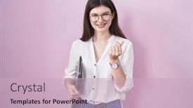  Presentation with salary - Presentation design with young-caucasian-woman-holding-laptop background and a soft green colored foreground