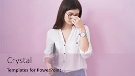  Presentation with laptop - Presentation theme having young-caucasian-woman-holding-laptop and a  colored foreground