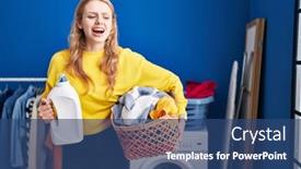  Presentation with laundry detergent - Presentation having young-caucasian-woman-holding-laundry background and a ocean colored foreground