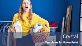  Presentation with laundry detergent - PPT theme having young-caucasian-woman-holding-laundry background and a  colored foreground