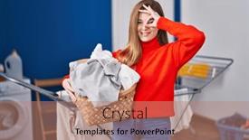  Presentation with laundry - Presentation theme with young-caucasian-woman-holding-laundry background and a  colored foreground