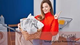  Presentation with laundry - PPT theme with young-caucasian-woman-holding-laundry background and a coral colored foreground