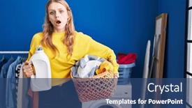  Presentation with laundry detergent - PPT theme enhanced with young-caucasian-woman-holding-laundry background and a ocean colored foreground