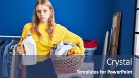  Presentation with laundry detergent - PPT layouts featuring young-caucasian-woman-holding-laundry background and a  colored foreground