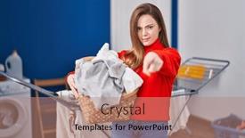  Presentation with laundry - PPT theme with young-caucasian-woman-holding-laundry background and a  colored foreground