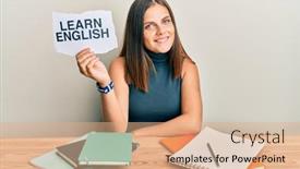  Presentation with learn - Cool new PPT layouts with young-caucasian-woman-holding-learn backdrop and a coral colored foreground