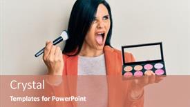  Presentation with blush - PPT theme enhanced with young-caucasian-woman-holding-makeup background and a coral colored foreground