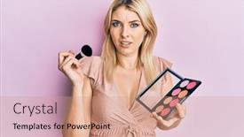  Presentation with blush - Presentation theme having young-caucasian-woman-holding-makeup background and a coral colored foreground