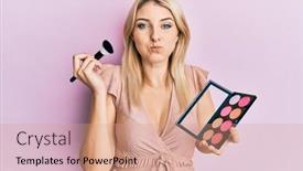  Presentation with blush - Presentation theme with young-caucasian-woman-holding-makeup background and a coral colored foreground