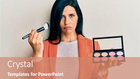  Presentation with woman crying - Beautiful PPT layouts featuring young-caucasian-woman-holding-makeup backdrop and a coral colored foreground