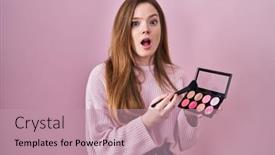  Presentation with makeup - Presentation design with young-caucasian-woman-holding-makeup background and a  colored foreground