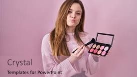  Presentation with blush - Slides enhanced with young-caucasian-woman-holding-makeup background and a coral colored foreground