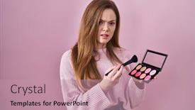  Presentation with blush - Presentation design enhanced with young-caucasian-woman-holding-makeup background and a coral colored foreground