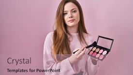 Presentation with blush - Presentation theme with young-caucasian-woman-holding-makeup background and a coral colored foreground