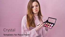  Presentation with blush - Slide deck with young-caucasian-woman-holding-makeup background and a coral colored foreground