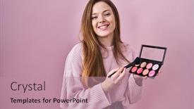  Presentation with blush - Presentation design enhanced with young-caucasian-woman-holding-makeup background and a coral colored foreground