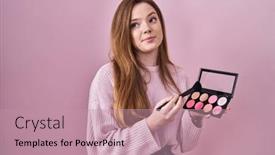  Presentation with blush - Slide deck consisting of young-caucasian-woman-holding-makeup background and a  colored foreground