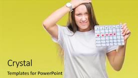  Presentation with skin anatomy face and head - Colorful slides enhanced with young caucasian woman holding menstruation backdrop and a  colored foreground