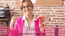  Presentation with kidney transplant holding a model - Presentation theme with young-caucasian-woman-holding-model and a coral colored foreground