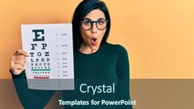  Presentation with optometry - PPT theme with young-caucasian-woman-holding-optometry background and a ocean colored foreground