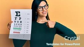  Presentation with eyesight - Cool new PPT layouts with young-caucasian-woman-holding-optometry backdrop and a navy blue colored foreground