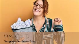  Presentation with bin - Theme featuring young-caucasian-woman-holding-paper background and a coral colored foreground