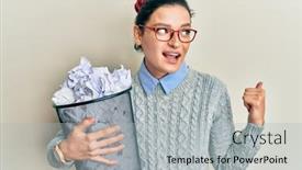  Presentation with bin - Beautiful PPT layouts featuring young-caucasian-woman-holding-paper backdrop and a light gray colored foreground