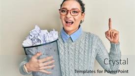  Presentation with bin - Audience pleasing PPT theme consisting of young-caucasian-woman-holding-paper backdrop and a light gray colored foreground