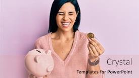  Presentation with piggy bank - Slide deck with young-caucasian-woman-holding-piggy background and a coral colored foreground