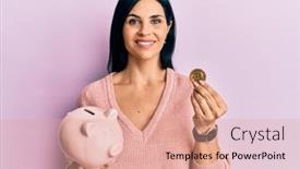  Presentation with piggy bank - Amazing PPT layouts having young-caucasian-woman-holding-piggy backdrop and a coral colored foreground