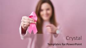  Presentation with pink ribbon - Presentation having young-caucasian-woman-holding-pink background and a  colored foreground