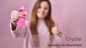  Presentation with pink ribbon - Presentation with young-caucasian-woman-holding-pink background and a  colored foreground