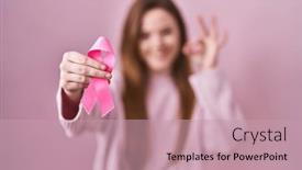  Presentation with pink ribbon - Presentation theme having young-caucasian-woman-holding-pink background and a  colored foreground