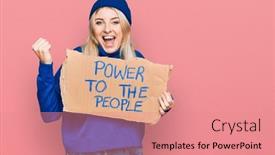  Presentation with power - Cool new PPT theme with young-caucasian-woman-holding-power backdrop and a coral colored foreground