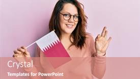  Presentation with qatar flag - Slide set having young-caucasian-woman-holding-qatar background and a coral colored foreground