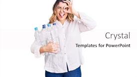  Presentation with plastic recycling - PPT theme enhanced with young-caucasian-woman-holding-recycling background and a white colored foreground