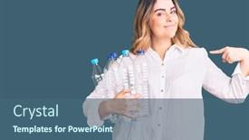  Presentation with plastic recycling - Cool new PPT theme with young-caucasian-woman-holding-recycling backdrop and a ocean colored foreground