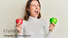  Presentation with green apple - Colorful presentation theme enhanced with young-caucasian-woman-holding-red backdrop and a soft green colored foreground