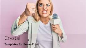  Presentation with anger - Beautiful PPT theme featuring young-caucasian-woman-holding-reporter backdrop and a coral colored foreground