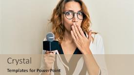  Presentation with microphone - Audience pleasing PPT theme consisting of young-caucasian-woman-holding-reporter backdrop and a coral colored foreground